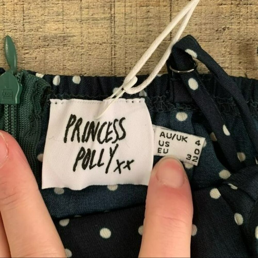 Princess Polly caesura wrap tie ruffled mini dress teal and white polka dot - 0 - Picture 7 of 7